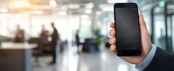 Poster - Smartphone showing finance graphs held in office with people.