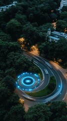 Poster - A digital hologram car is displayed above a busy highway, showcasing an advanced traffic control system in a futuristic cityscape