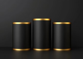 Poster - Three black cylinders with golden rims stand against a dark background.
