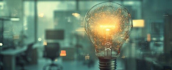Aufkleber - Glowing bulb with particle effects in an office background.