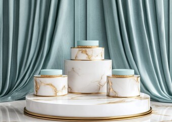 Poster - Marble pedestals display with gold trim, against a teal curtain backdrop.