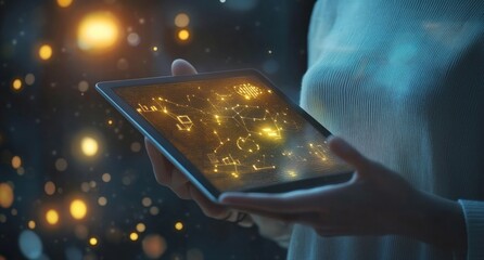 Aufkleber - Person holds tablet displaying glowing, connected digital icons.
