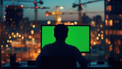 Aufkleber - Man works at desk with green screen monitor, night city view.