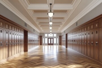 Poster - Empty school hallway with wooden lockers and patterned floor.
