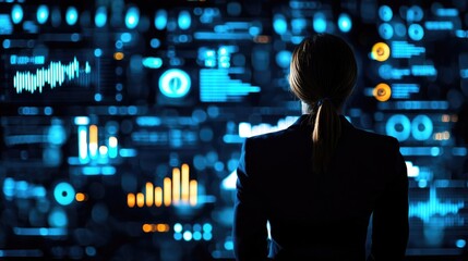 Poster - Businesswoman Analyzing Data Through Digital Interface Visualization