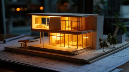Poster - Illuminated architectural model on blueprints, night setting.