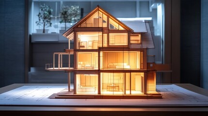 Fototapete - Detailed miniature wooden house model on blueprint, lit from within.
