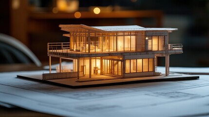 Poster - Model home atop blueprint.