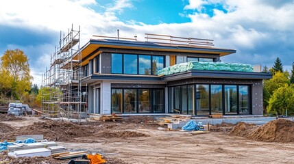 Poster - Modern house under construction with scaffolding. (1)