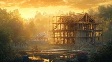 Aufkleber - House construction at sunset, scaffolding and forest view.