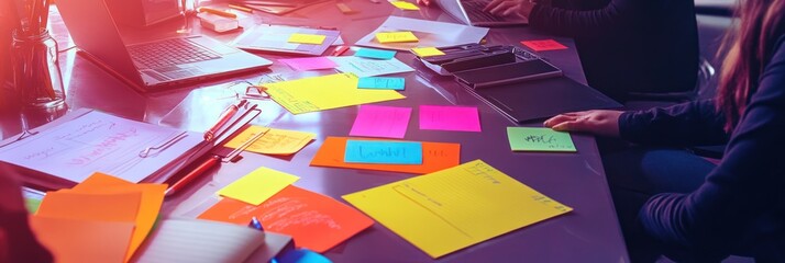 Poster - Team brainstorming with post-it notes, laptops, and documents.