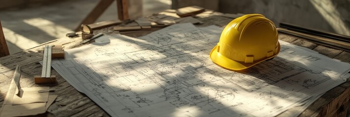 Aufkleber - Hardhat on plans. Blueprint, tools on site in construction.