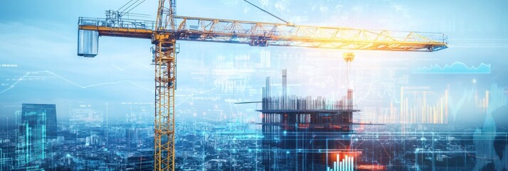 Aufkleber - Crane at building site overlayed with blue data.