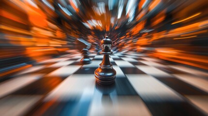 Poster - Chess piece leading on a board with motion blurred background.