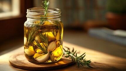 Sticker - Garlic cloves and rosemary infused in olive oil inside a clear jar.