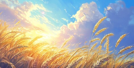 Poster - Wheat field in sunlight with blue sky and clouds.