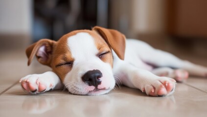 Poster - Puppy sleeping on tiled floor, eyes closed.