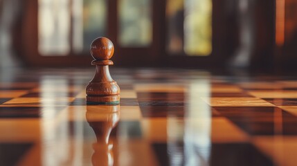 Poster - Wooden brown chess pawn on polished board with blurry background.