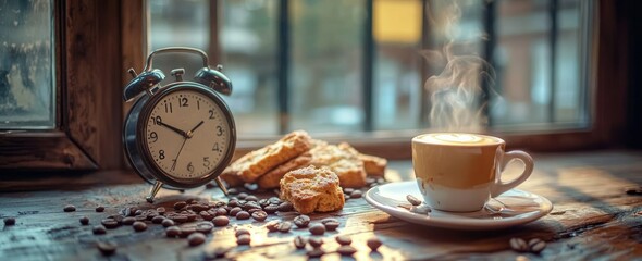 Aufkleber - Coffee, biscuits, clock on wood by window.