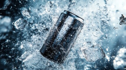 Poster - Can falling into water, creating splash and bubbles.