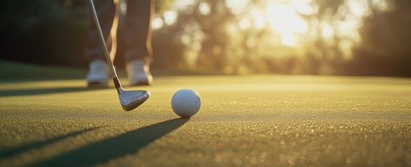 Poster - Golfer putting ball on green at sunset.