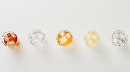 Poster - Five glasses of cold beverages with ice arranged in a row.
