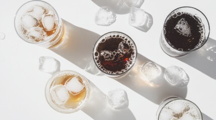 Poster - Iced drinks and cubes on white background.