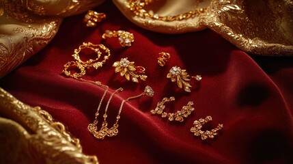 Poster - Gold jewelry pieces on red and gold fabric with elegant lighting.
