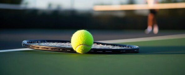 Aufkleber - Tennis ball and racket on court with player, focus is on ball.