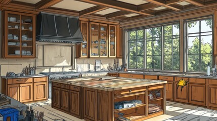 Poster - Cozy kitchen with wood cabinets, island, and large windows showing trees.