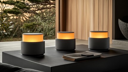 Poster - Three lit lamps on a table with an open book and nature background.