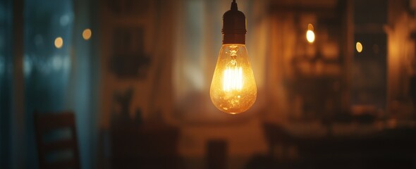 Poster - Lit Edison bulb glows softly, indoor home setting, with bokeh background.