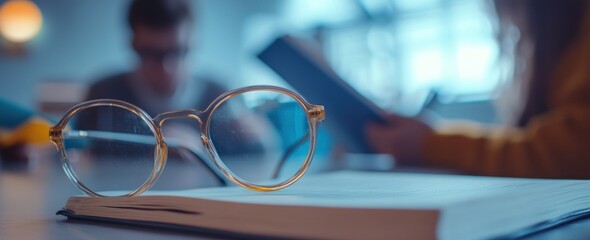 Poster - Glasses on book, people working blurred background.