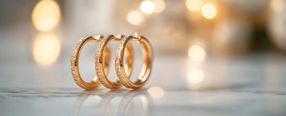 Poster - Three gold diamond hoop earrings on marble, blurry lights.