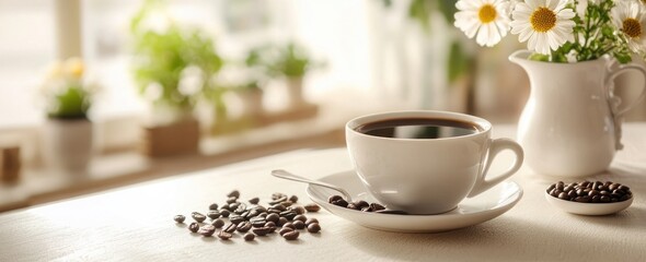 Aufkleber - Coffee, beans, and daisies on table in sunlight by window.