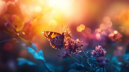 Poster - Butterfly on flowers lit by golden sun.