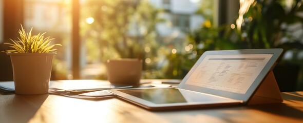 Poster - Tablet, plant, cup on table with bright natural light shining from window.