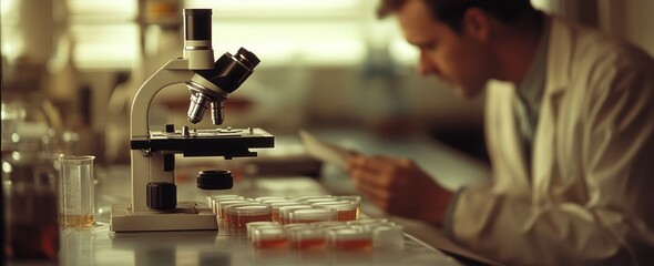 Poster - Scientist reads paper near microscope and samples in laboratory.