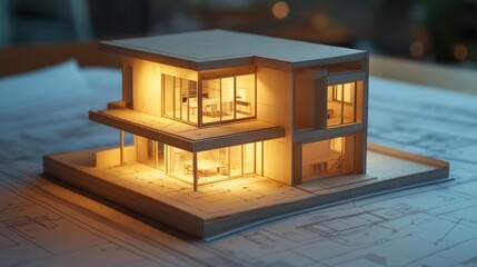 Aufkleber - Illuminated model of modern home on blueprint.