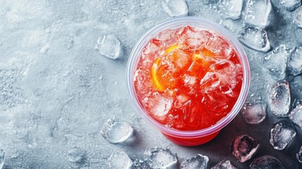 Poster - Iced red drink with citrus on textured surface with ice.