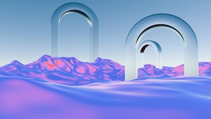 Poster - Surreal Landscape with Metallic Arches and Vibrant Fluid Terrain