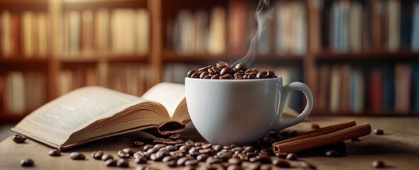 Poster - Steaming coffee beans in cup with open book, library.