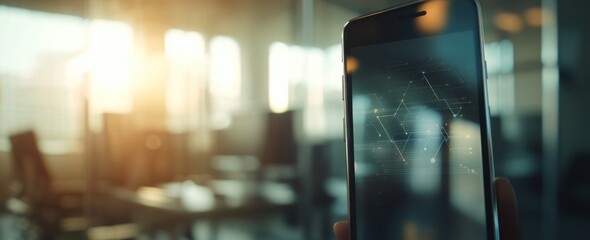 Poster - Hand holds phone displaying data graph in blurry office.