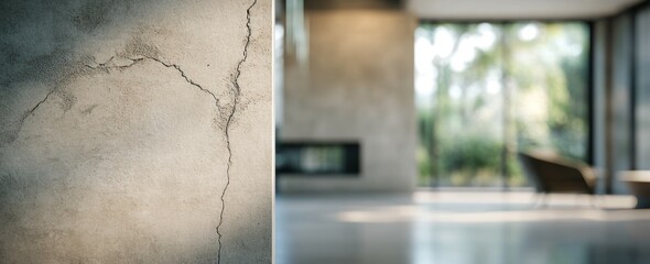 Poster - Cracked wall detail, out-of-focus living room background.