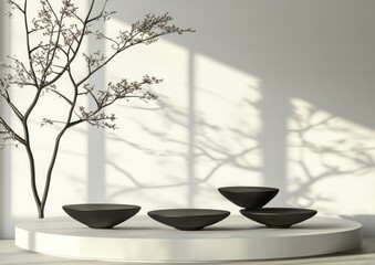 Aufkleber - Black bowls on white plinth with tree shadow background.