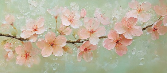 Aufkleber - Pink flowers on branch, with soft green background, textured with water drops.