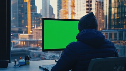 Aufkleber - Person uses green screen computer in urban setting, at dusk.