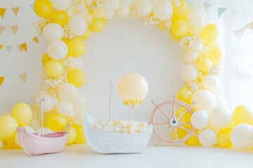Poster - Festive yellow balloons arch with boat props, neutral backdrop.