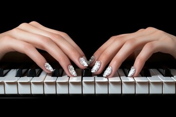 Poster - Hands playing piano keys with glittery manicure on black background.