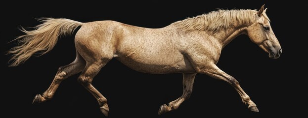 Aufkleber - Light brown horse galloping sideways on black background.